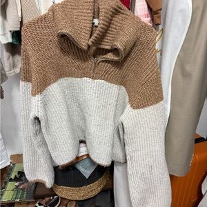 Z Supply Brown and Cream Cowl Neck Sweater